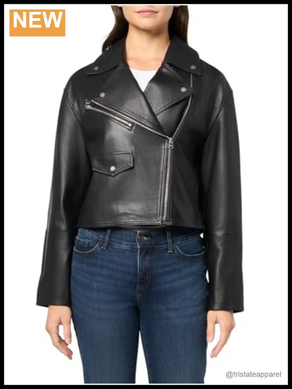 Cropped Leather Biker Jacket - Long Sleeve, Zipper, Patch Pockets